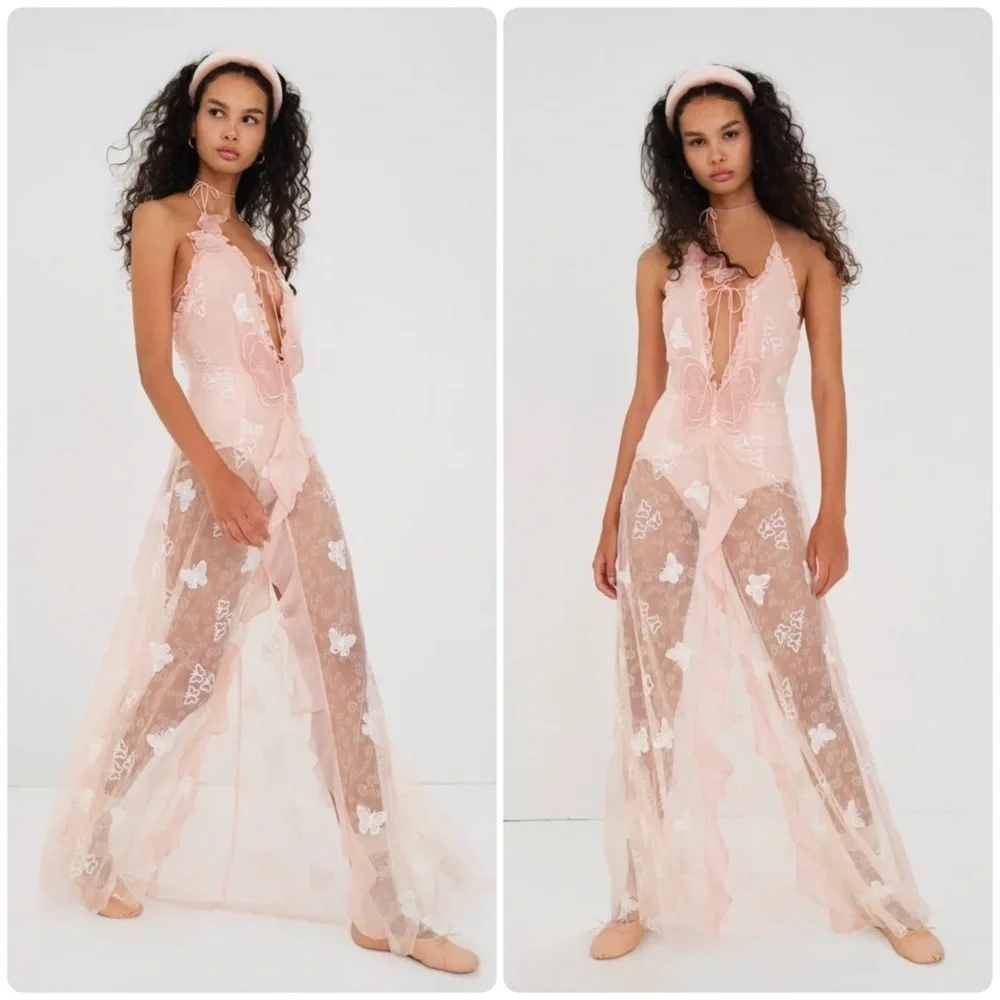 New! For Love & Lemons Beckett Lace Sheer Butterfly Sequin Bodysuit Maxi Dress M - Picture 3 of 16